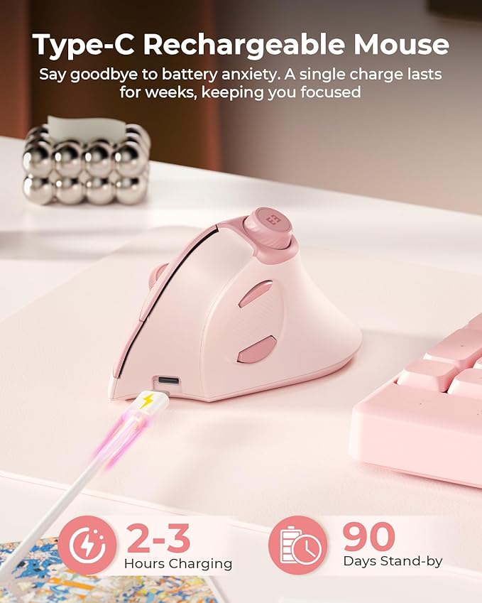 seenda Ergonomic Mouse Wireless, MOU-302 Bluetooth Vertical Mouse Rechargeable, Volume Knob, Silent Mice & 1000/1600/2400 DPI, 3 Multi-Device Connection for Windows/PC/Laptop/Mac/MacBook, Pink