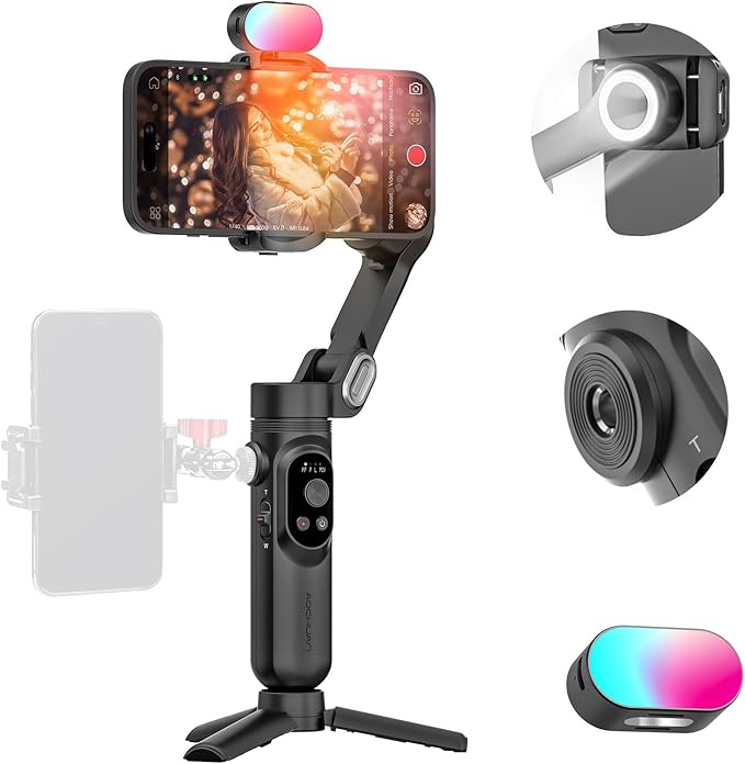 AOCHUAN Handheld 3-axis Gimbal Stabilizer for iPhone&Android Smartphone Gimbal Anti-Shake w/ 1/4 Thread,RGB Magnetic Light,AI Tracking Phone Holder for Vlogging for TikTok,YouTube-Smart X Kit Black