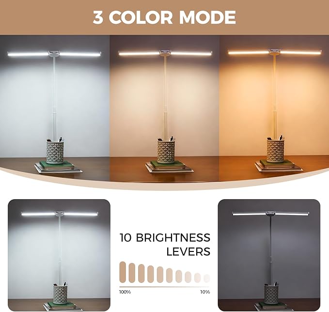 Voncerus LED Desk Lamp for Home Office, Double Head Architect Light with Clamp, Computer Monitor Clip on Light, 3 Modes and 10 Brightness, Adjustable Flexible Goose-Neck, Table Task Lamp, White