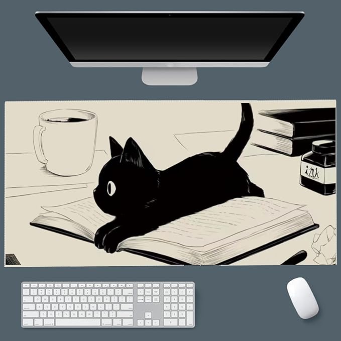 Gaming Mouse Pad XXL Extended Anime Mouse Pad 31.5x15.7inch, Large Cute Kawaii Big Computer Mouse Mat Desk Pad Home Office-Black Reading Cat