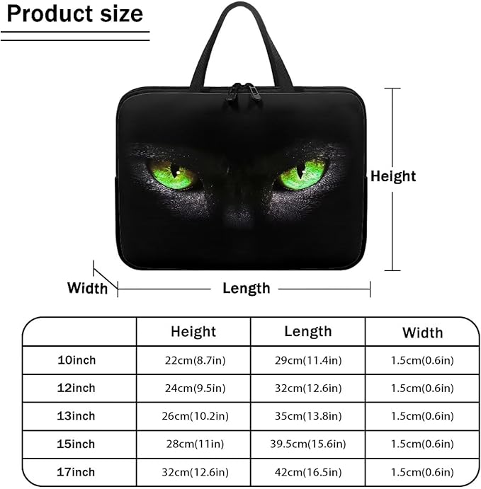 10 Inch Laptop Sleeve, Black Cat Green Eyes Laptop Cover Computer Bag Tablet Carrying Case with Handle, Funny Printed Notebook Case Handbag Briefcase Shoulder Bag for Office/School