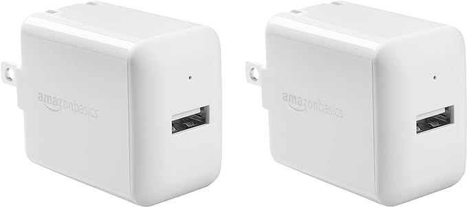 Amazon Basics 12W One-Port USB-A Wall Charger (2.4A), Portable, for Phones (iPhone 16/15/14/13/12/11/X, Samsung, and more), 2-Pack, White