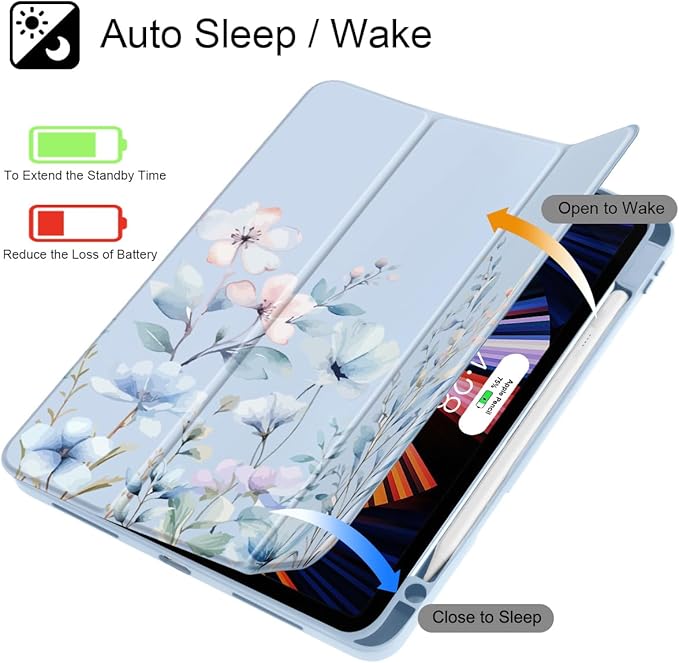May Chen Case for iPad Pro 11-Inch M5/M4 2025/2024 (6th/5th Generation), Clear Transparent Print Back Shell Slim Stand Shockproof Tablet Cover, Auto Wake/Sleep, Blue Flowers
