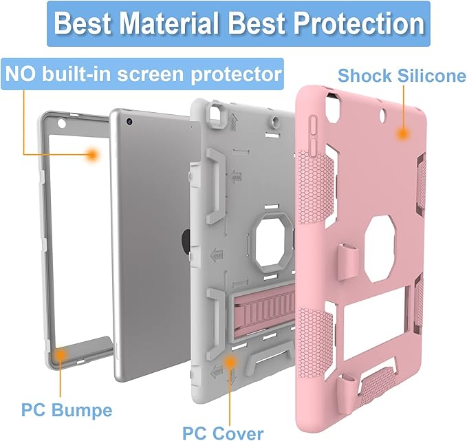 CCMAO Case for iPad 9th/8th/7th Gen, iPad 10.2 2021/2020/2019 with Kickstand & Pen Holder, Hybrid Heavy Duty Shockproof Protective Case, Rose Gold+Gray