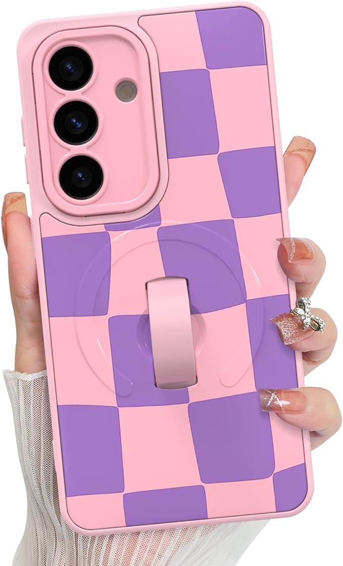 KANGHAR Compatible with Samsung Galaxy S26 Case, Support for MagSafe, Silicone Checkered Cute Pattern, Wristband Kickstand Camera Protection Soft Slim Cover for Girls Women -Pink