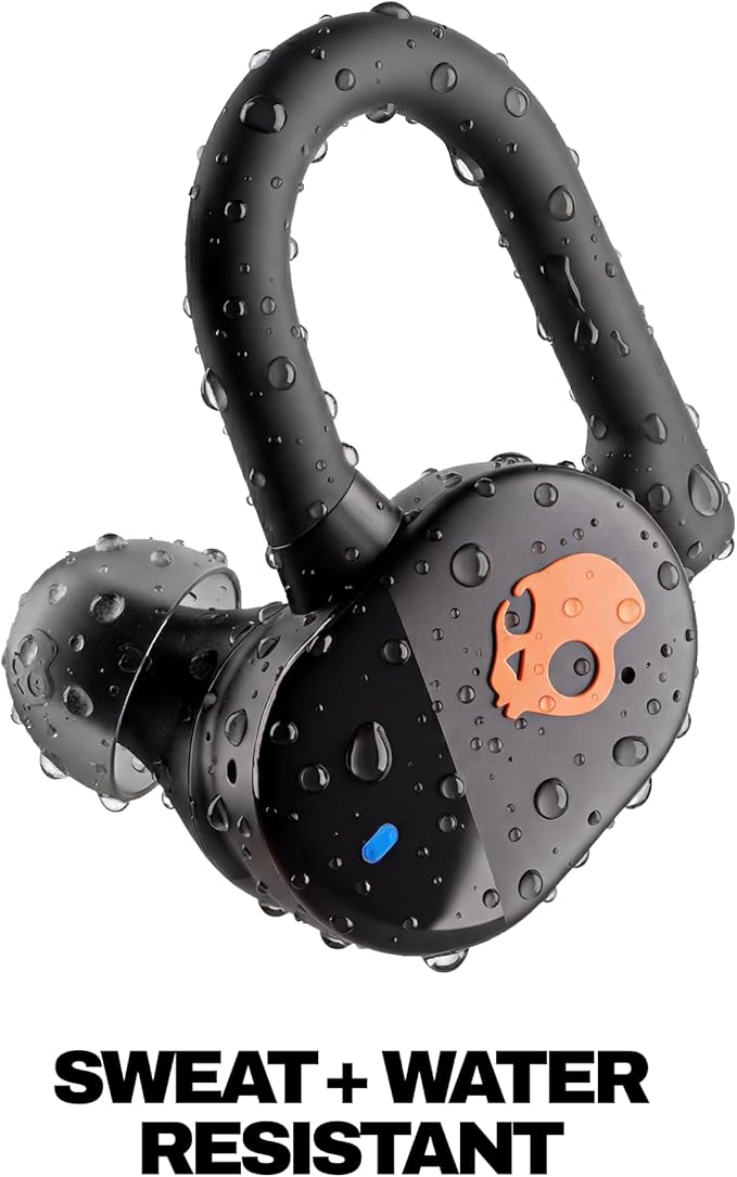 Skullcandy Push Play Active Wireless Earbuds, Bluetooth Headphones, Noise Isolating Fit, 34 Hrs Battery, Secure-Fit Over-Ear Hanger, Sweat Water Resistant, Microphone for iPhone Android - Black/Orange