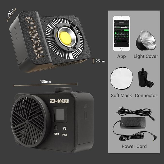ZC-100BI 100W COB Video Light with Bowens Mount,10000Lux/m 2700K-7500K Bi-Color Camera Light with 10 Scenario Simulations Control Continuous Lighting for Photography (ZC-100bi Black)