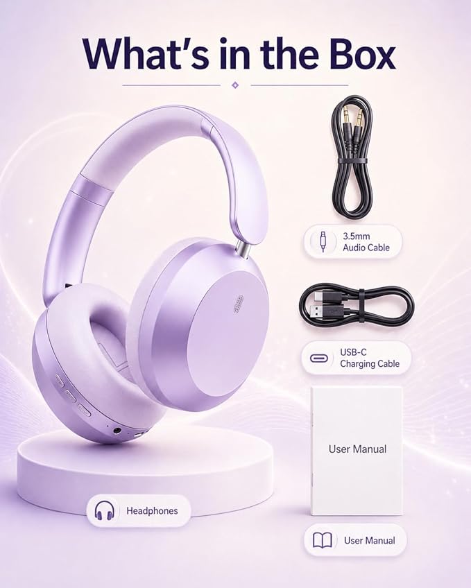 Wentronic Y05 Bluetooth Over-Ear Headphones with Active Noise Cancelling, Hi-Res Audio, 48H Playtime, Built-in Mic, Wired/Wireless, Works with iOS, Android & PC, Purple