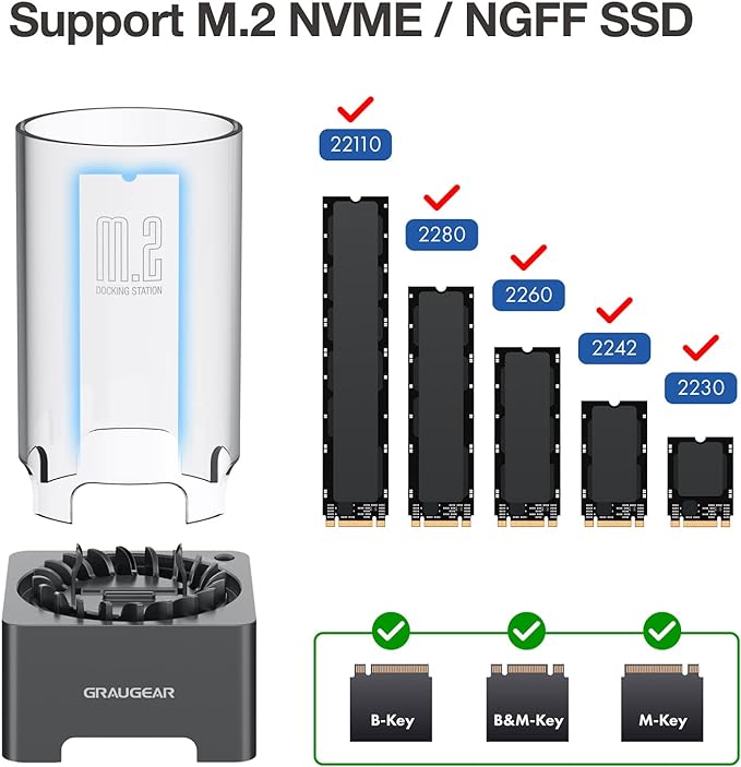 GRAUGEAR M.2 NVMe SATA PCIe SSD Enclosure Adapter Docking Station with Cooling Fan, USB3.2 Gen2 10Gbps M.2 SSD External Case USB C, Support UASP and Trim, M2 NVMe NGFF M Key B+M Key, RTL9210B Chipset
