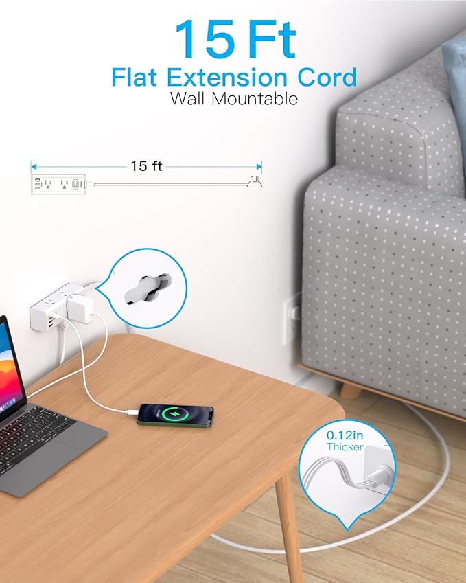 15Ft Extension Cord with Multiple Outlets, Flat Plug Power Strip Surge Protector with 15 Ft Long Cord, 6 Outlet 3 USB Ports (1 USB C), Multi Outlet Wall Plug for Travel, College, Dorm Room Essentials