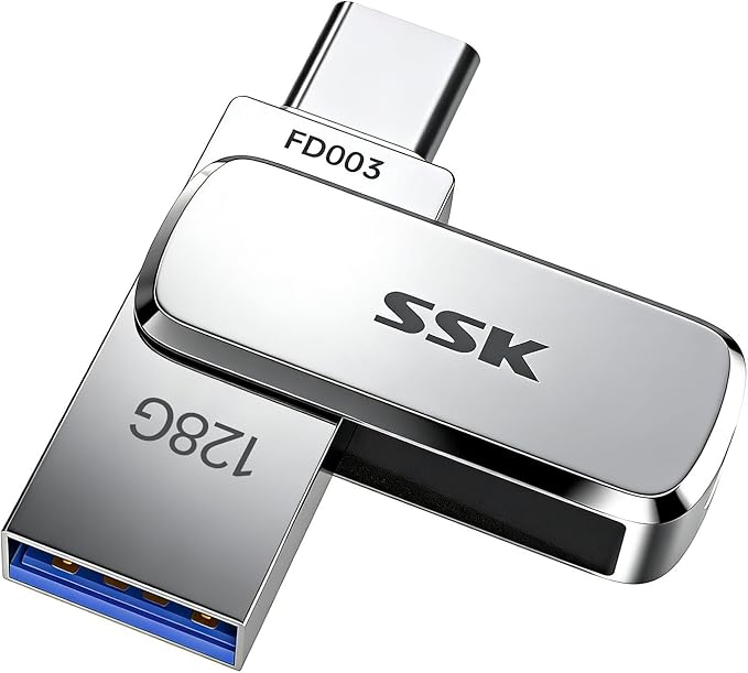 SSK 128GB Flash Drive USB C Thumb Drive up to 240 MB/s, Dual USB FlashDrive USB-C and A 3.2, Zinc Pendrive Memory Stick for iPhone 15/16Pro/Win/Android OTG with Water, Dust, and Drop Resistance
