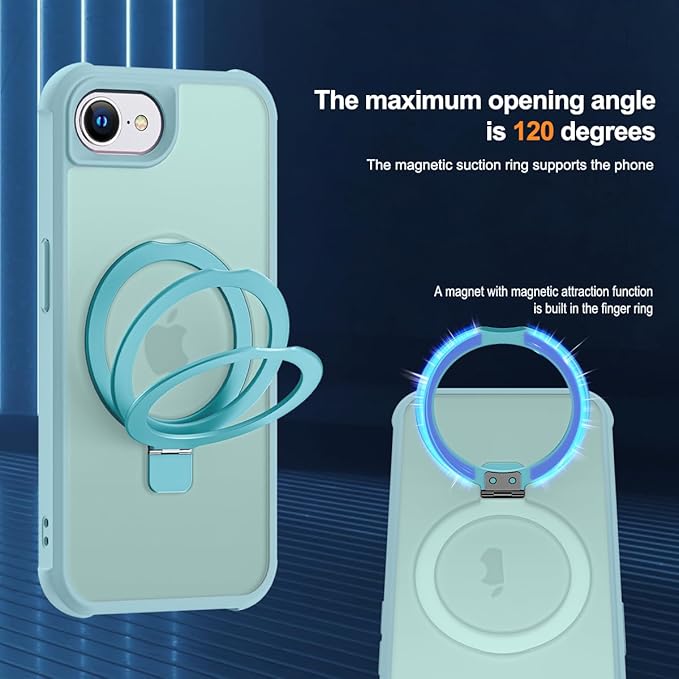 SKYLMW Compatible with iPhone 16e Case & iPhone 17e Case 6.1" with Invisible Magnetic O-Ring Stand Military-Grade Translucent Phone Cases [Compatible with Mag-Safe][Great Grip Feeling], Blue