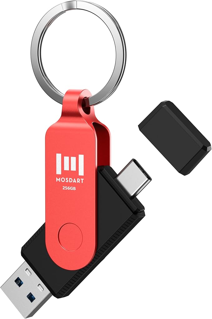 MOSDART 256GB USB C 3.2 Fast Speed C and A Dual Flash Drive, exFAT Memory Stick with Keychain and LED Indicator, for iPhone 15,16,17, Android Phone, iPad, MacBook, and Other Laptops, Red