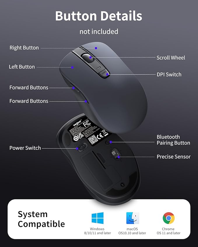WL300 Bluetooth Mouse Silent Wireless Mice, Quiet Click, Cordless Computer Mouse with 6 Buttons, Sculpted Grip, Adjustable DPI for Laptop, PC, Mac, 18-Month Battery Life for Work or Travel ( Grey)