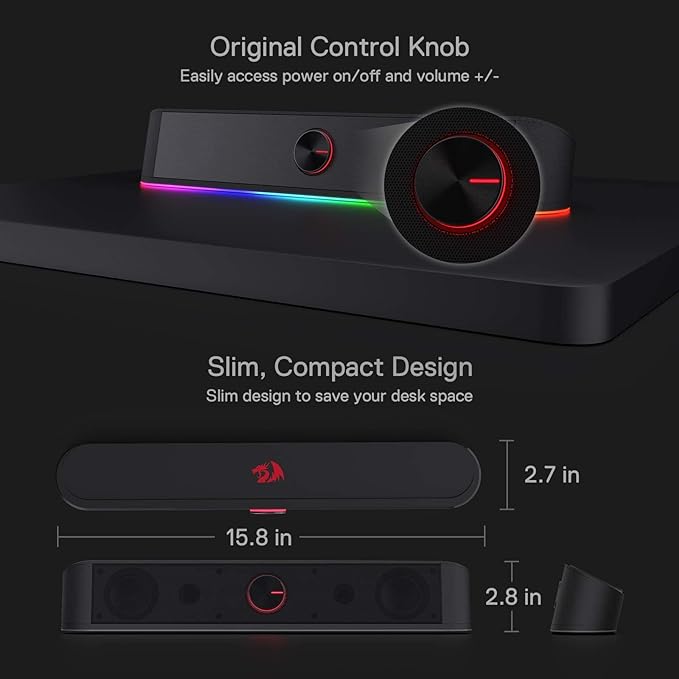Redragon GS560 RGB Desktop Soundbar, 2.0 Channel Computer Speaker with Dynamic Lighting Bar Audio-Light Sync/Display, Touch-Control Backlit with Volume Knob, USB Powered w/ 3.5mm Cable, Black