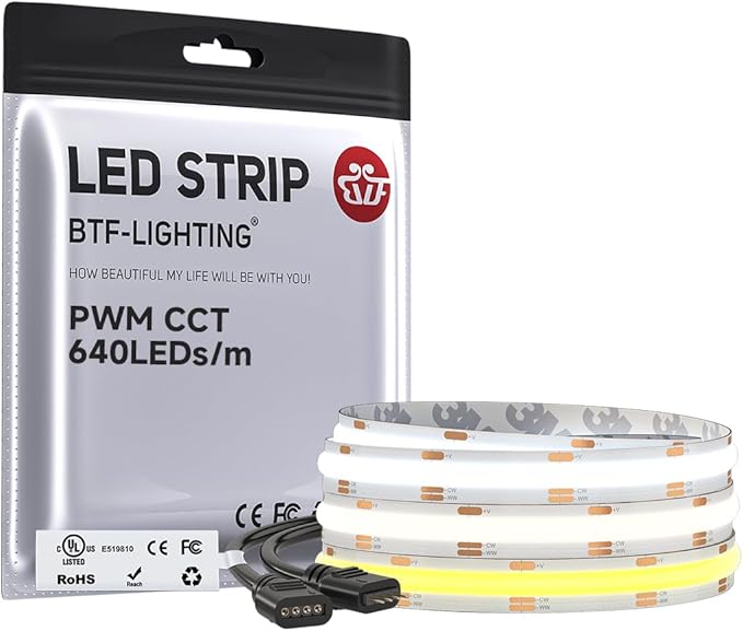 BTF-LIGHTING FCOB COB LED Strip CCT Tunable 3000K-6000K,UL Listed DC24V 9.8FT CRI 90+ Dimmable LED Tape Lights,640LEDs/m Dotless for Bedroom Kitchen Indoor Decor(No Adapter or Controller)