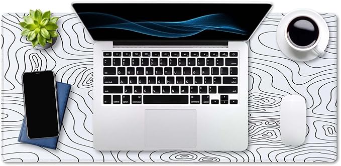 SSOIU White Topographic Desk Mat - Extended Gaming Mouse Pad (35.5x15.7 in), Large Non-Slip Rubber Base with Stitched Edges