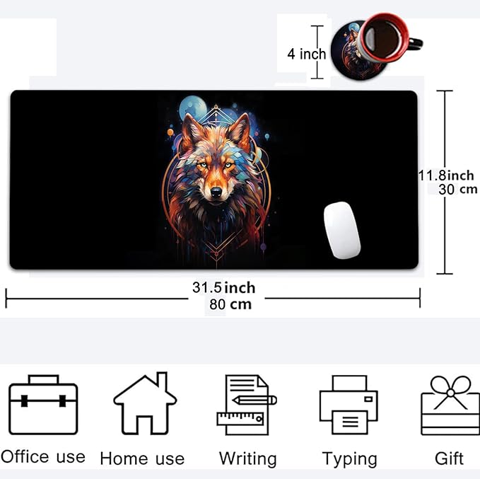 Large Mouse Pad, 31.5 x 11.8in Extended Gaming Mouse Pad with Stitched Edges, XXL Mousepad Protector Non Slip Rubber Base for Office and Home Writing Mat, Nebula Wolf Pattern Black Desk Mat
