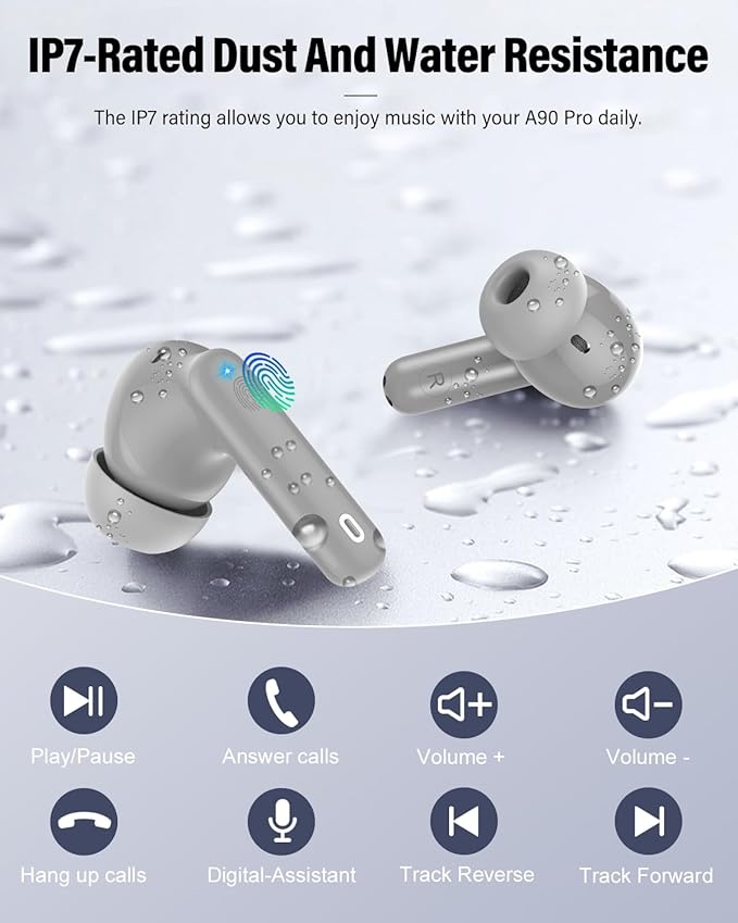 Btootos Wireless Earbuds, Bluetooth 5.4 Headphones Bass Stereo, Ear Buds with Noise Cancelling Mic, IP7 Waterproof in Ear Earphones, 36H LED Display Bluetooth Earbuds for Laptop Pad Phones, Fog Gray