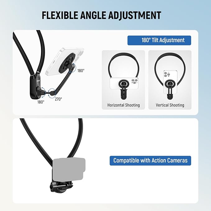 NEEWER Magnetic Neck Holder for Action Camera & Phone, Hands Free Tripod Chest Mount Compatible with GoPro DJI Insta360 Magsafe iPhone Android, Phone Holder for Video Recording POV Vlog, GP16