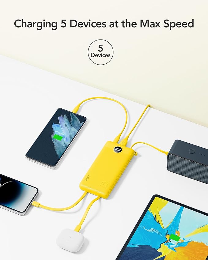VRURC Portable Charger with Built-in Cables, USB C Portable Phone Charger 10000mAh, Lightweight Power Bank with 5 Output 2 Input Compatible with iPhone 17 16 15 13,Samsung,Android etc-Yellow(1 Pack)