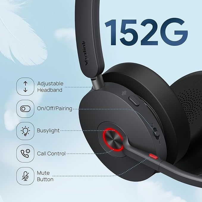 Yealink BH74 UC ANC Bluetooth Headset with Microphone for Hybrid Work, Microsoft Teams Premium Open Ofﬁce Certified Headsets with 6-mics Active Noise Cancellation, Zoom Certified, 65H Battery