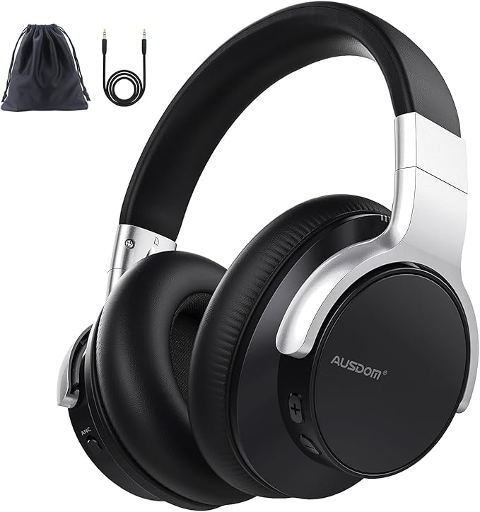 AUSDOM Bluetooth Noise Cancelling Headphones: E7 Wireless Over Ear ANC Headphones with Microphone, 50H Playtime, Hi-Fi Sound, USB C Charge, Comfortable Earpads for Travel Work Adults, Silver Black