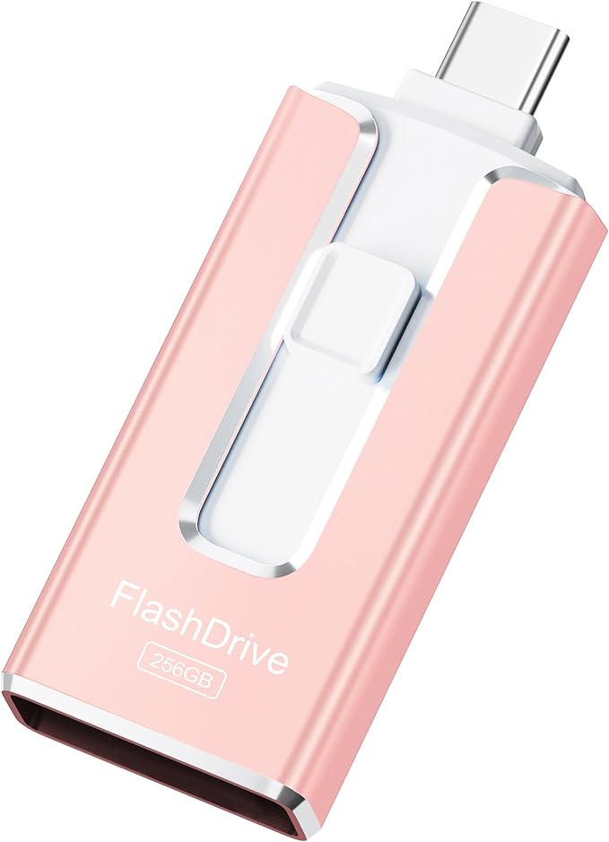 MFi Certified 256GB Flash Drive for iPhone, 3 in 1 Type-C USB Memory Stick Thumb Drive for Photos Videos, High Speed External Memory Storage Photo Stick for iPhone iPad Android PC (Rose Pink)