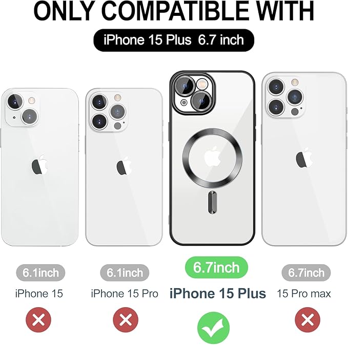 Hython Magnetic Clear for iPhone 15 Plus Case with Camera Lens Protector [Compatible with MagSafe] Luxury Plating Edge Slim Soft TPU Cover Protective Phone Case for iPhone 15 Plus 6.7", Black
