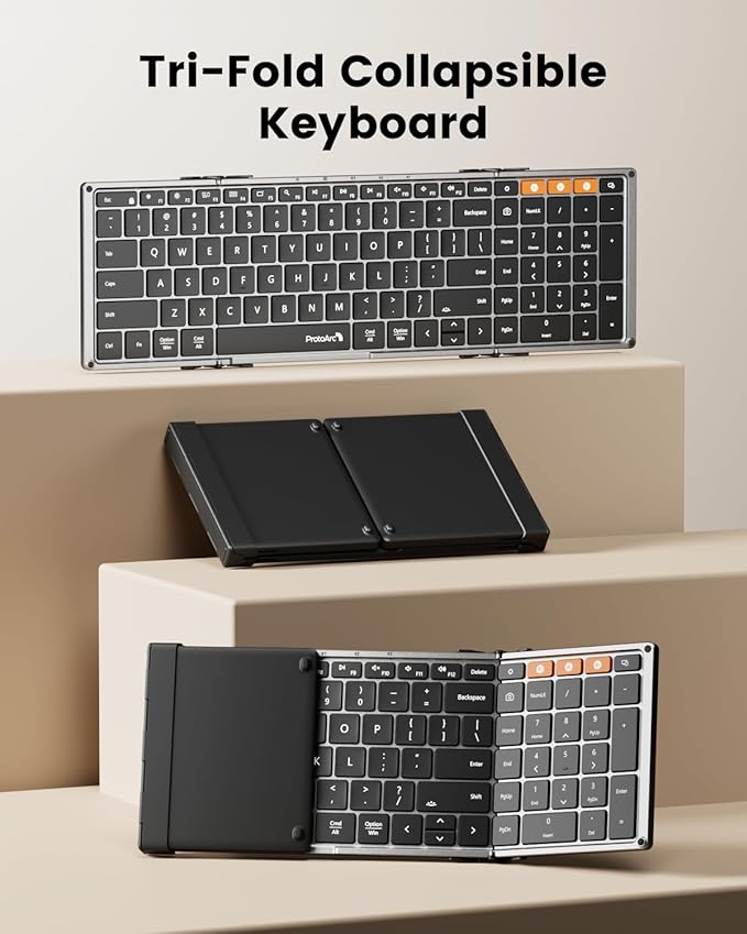 ProtoArc Backlit Foldable Keyboard, XK01 Plus Folding Portable Bluetooth Keyboard for Travel, True Full Size External Wireless Keyboards with Backlight for iPad Tablet Smartphone Laptop - Gray