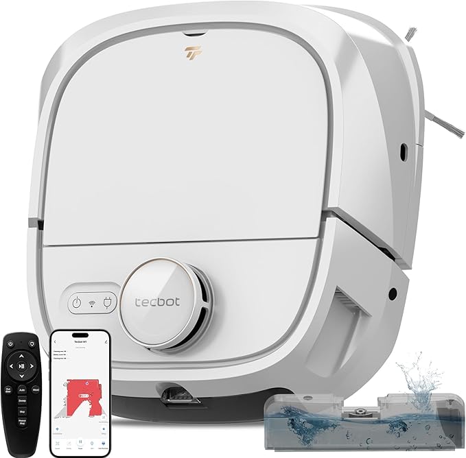 TECBOT Robot Vacuum and Mop (M1 Pro) - LiDAR Robotic Vacuums Cleaner for Home with Pet Hair, Carpet, Hardwood Floors, Auto Smart Mopping, Self Cleaning, Avoids Obstacles, Voice Control, White
