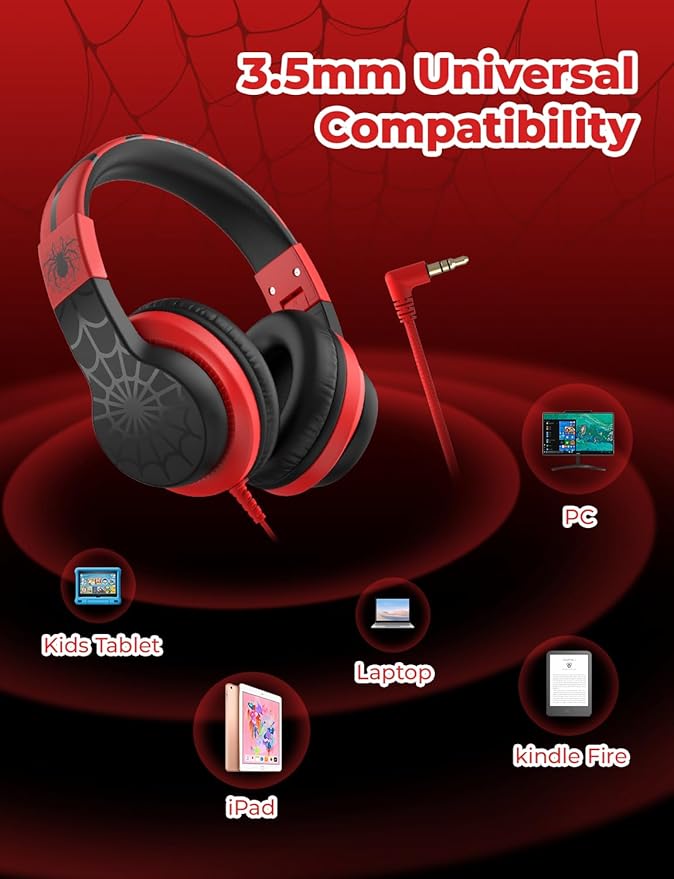 iClever HS19 Kids Headphones for School with Microphone, Safe Volume Limiter 74/85dBA, Over-Ear Girls Boys Headphones for Kids with FunShare Foldable Wired for iPad/Travel (Spider Black)