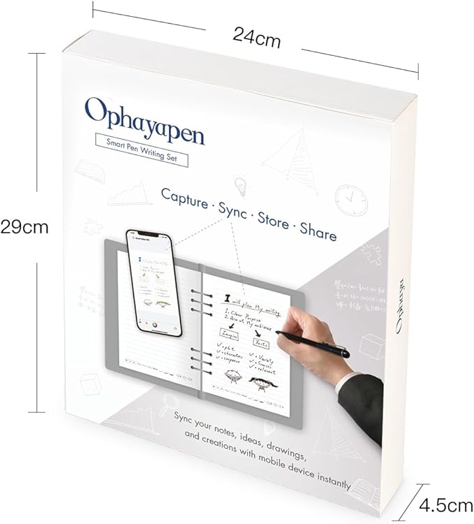 Ophayapen Smart Sync Pen for Note Taking with Notebook and Writing Board,Real-time Sync for Digitizing,Convert to Text,Storing,Sharing Paper Notes via APP on Smartphone/IPAD (Android and iOS)