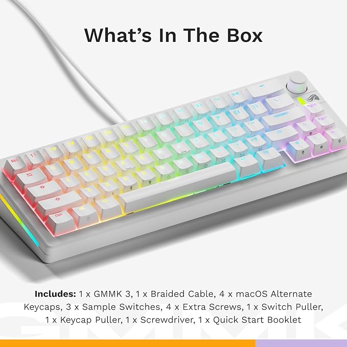 Glorious Gaming - GMMK 3 Custom Mechanical Gaming Keyboard with Knob, 65% Compact Keyboard, Modular Gasket System, Doubleshot PBT Keycaps, Aluminum Switch Plate, Hotswappable Switches, ANSI (White)