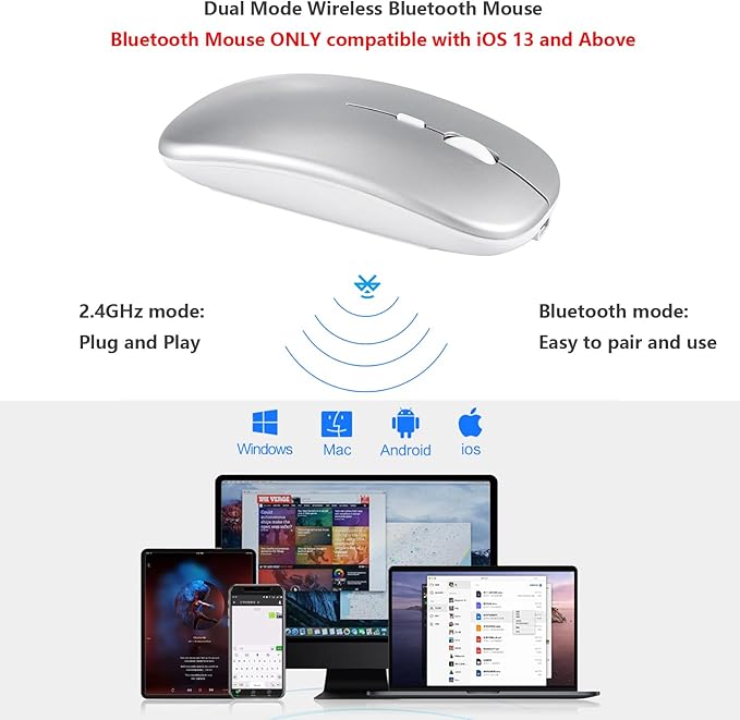 Wireless Bluetooth Mouse for Apple iPad iPhone MacBook Android Samsung Tablet Phone Dual-Mode Rechargeable 2.4G Portable Computer Mice for Windows Laptop Notebook PC Mac Desktop USB Receiver (Silver)