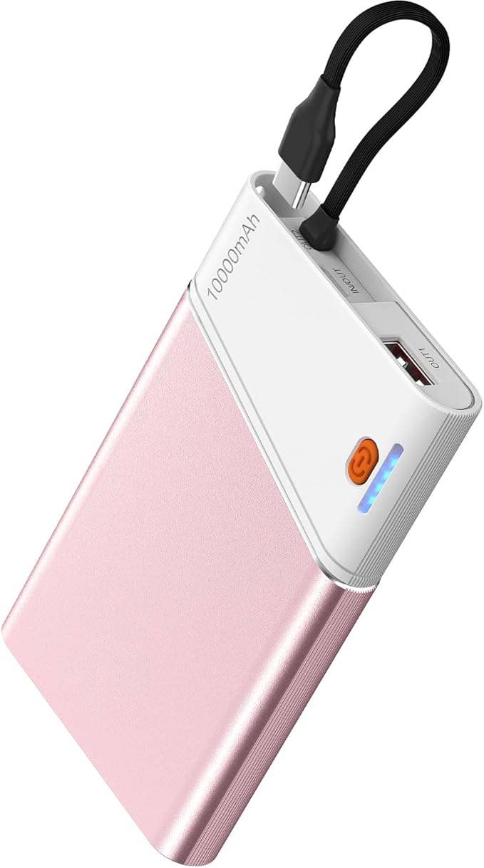 Aaoyun Portable Charger Power Bank, 10000mAh 22.5W PD Fast Charging Powerbank with Built-in USB C Cable, Slim External Phone Battery Pack for iPhone 17/16/15 Samsung S24 Android etc (Pink)