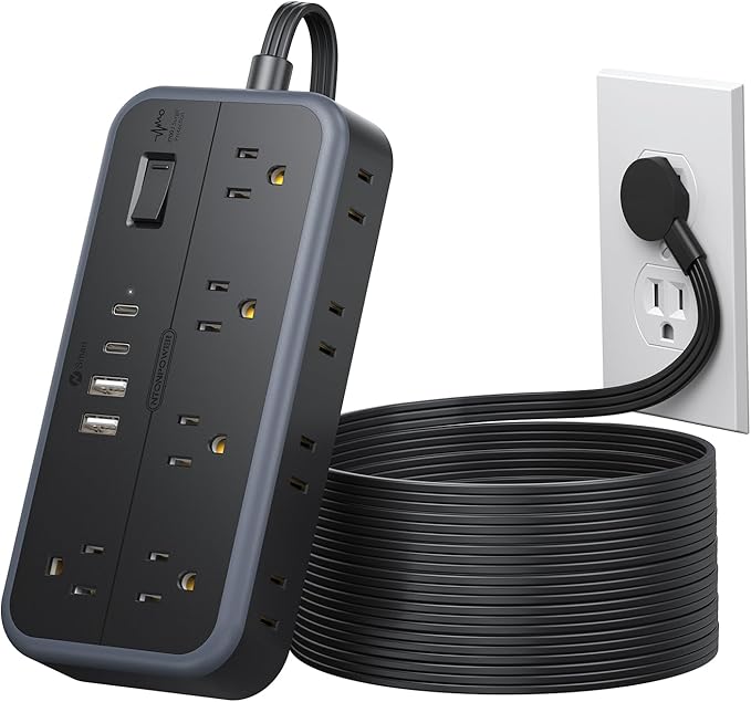 NTONPOWER Surge Protector Power Strip 15 Ft Cord, 10 Widely Spaced Outlets, 4 USB Port(2 USB C Port), Ultra Thin Flat Plug Extension Cord 15 Feet, 2700J Surge Protection for Home Office Garage, Black