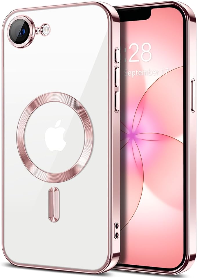 Hython Magnetic Clear for iPhone 17e Case with Camera Lens Protector [Compatible with MagSafe] Luxury Plating Edge Slim Soft TPU Cover Protective Phone Case for iPhone 17e 6.1", Pink