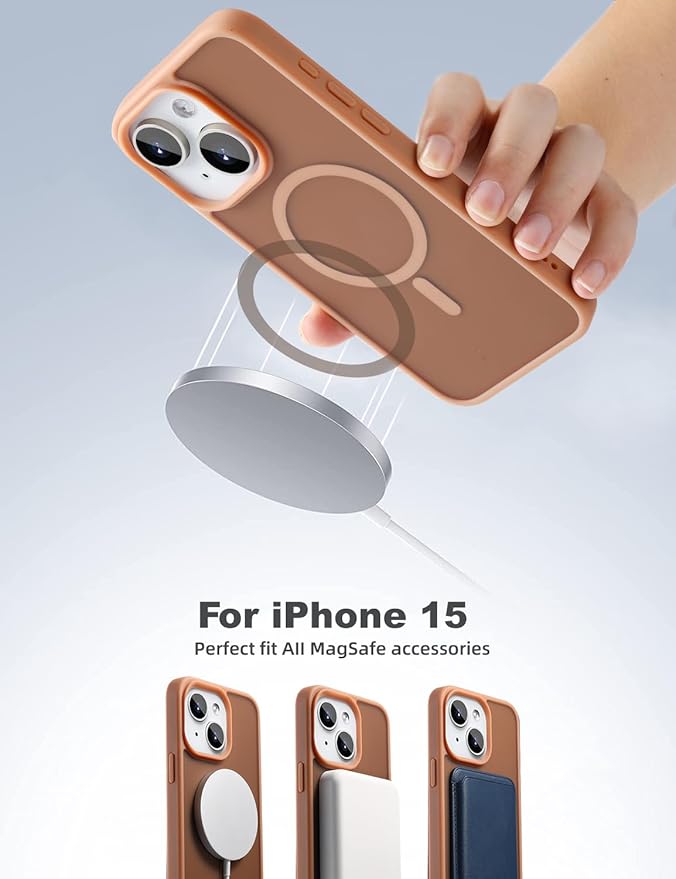 Tigowos for iPhone 15 Magnetic case Fits MagSafe 15FT Drop Resistant Skin Friendly Feeling Heavy Duty Shockproof Back Cover Fits iPhone 15 Phone Cases 6.1", Matte Brown