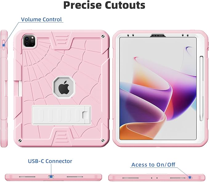 TSQQST Case for iPad Pro 12.9 Inch 6th/5th/4th/3rd Generation 2022/2021/2020/2018 for Kids Girls, Full Body Shockprof Rugged Protection Case Cover with Stand +Pencil Holder+ Shoulder Strap | Pink