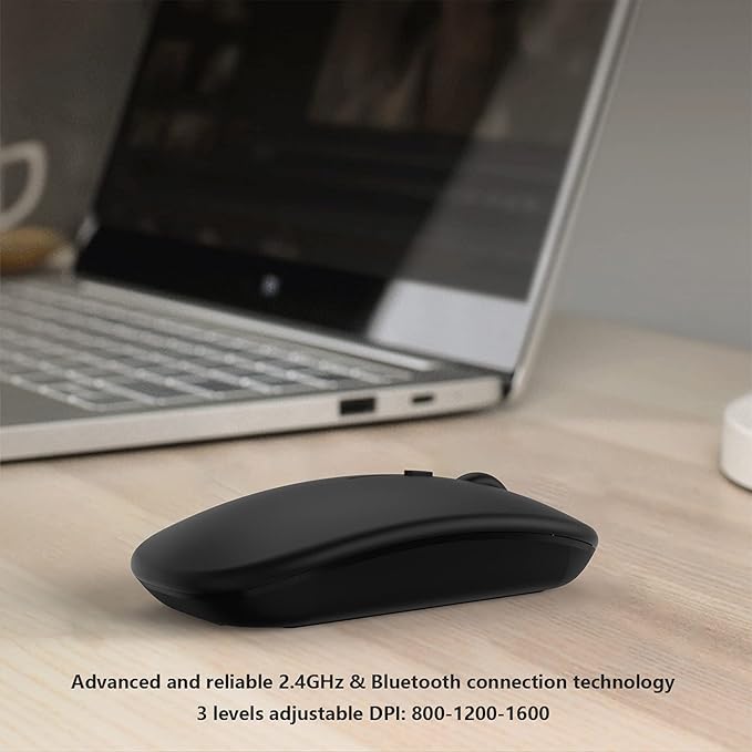 Wireless Bluetooth Mouse for Apple iPad iPhone MacBook Android Samsung Tablet Phone Dual-Mode Rechargeable 2.4G Portable Computer Mice for Windows Laptop Notebook PC Mac Desktop USB Receiver (Black)