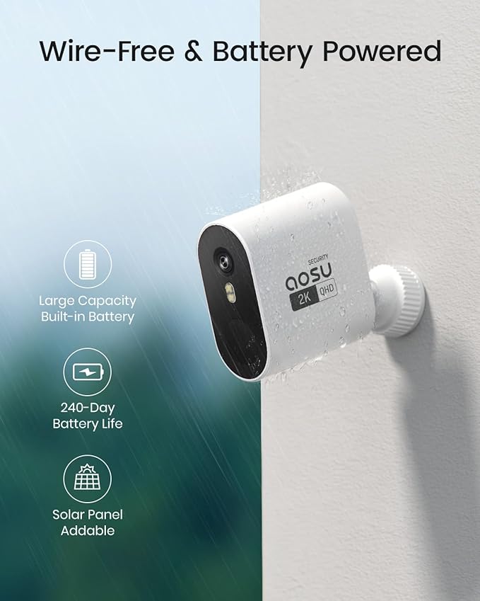 aosu 2K Add-on Camera, Requires WirelessCam/SolarCam aosuBase (NOT Doorbell Base Station), Up to 4 Cameras Can be Connected to 1 aosuBase