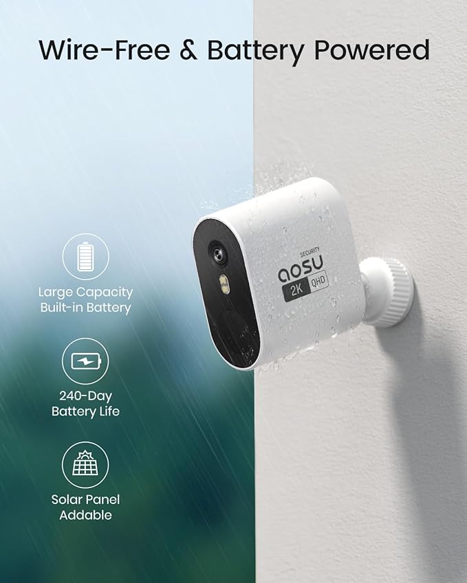 aosu Security Cameras Wireless Outdoor Home System, True 2K HD Night Vision, No Subscription Required, Long Battery Life, 166° Wide View, Spotlight & Siren Alarm, Motion Alert, Support 2.4 & 5GHz WiFi