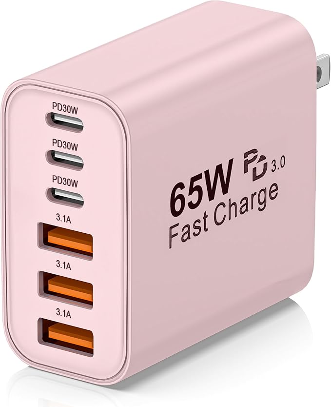 USB C Charger Block,65W 6-Port USBC Charging Block,Wall Charger iPhone Charger Fast Charging,Multiport Type C PD+QC Power Plug for All iPhone 17 16 15 iPad Samsung S23 S24 iWatch Pixel Series (Pink)