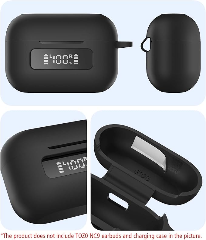 for TOZ0 NC9(2024) Case Cover, Silicone Protective Battery Display Visible Design Cover ONLY for TOZO NC9 Hybrid Active Noise Cancelling Wireless Earbuds 2024 Version with Carabiner-Black