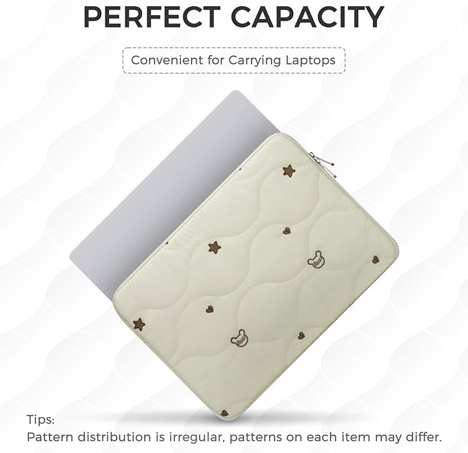 13 14 Inch Laptop Sleeve Case, Water-Repellent Cover with Bear Head Embroidery, Shockproof Padded Bag Compatible with MacBook Air & Pro 13/14 Inch, Beige