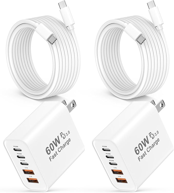 iPhone 17 16 15 Charger Fast Charging, 2 Pack 60W 5-Port USB C Fast Wall Charger Block Multiport Type C Brick Plug Adapter & 6FT Type C Charging Cable Cord for iPhone 17 16 15 Pro Max, MacBook, Galaxy