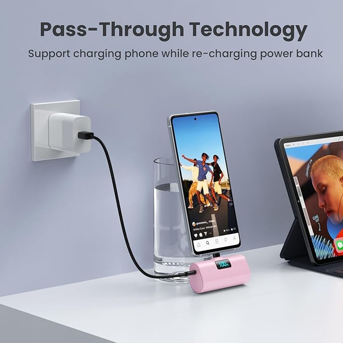 [2-Pack]Portable Charger for iPhone 16/15 Series,5200mAh PD USB C Power Bank Built-in USB-C Connector,Battery Pack Compatible with iPhone 16/16 Plus/16 Pro/16 Pro Max/15 Series,Android (Pink+Purple)