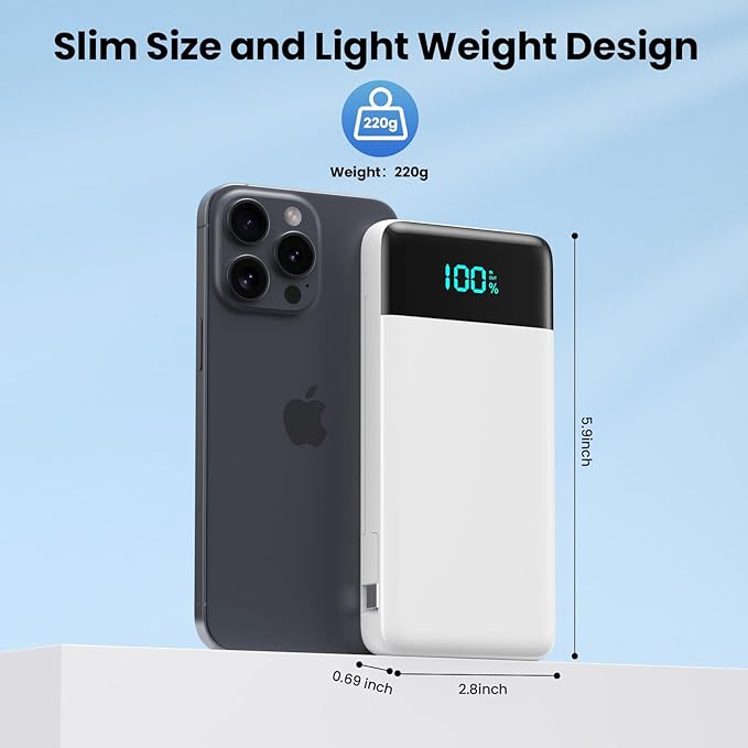Portable Charger for iPhone,13800mAh Slim Power Bank with Built-in Cables & AC Wall Plug,All in One 4 Outputs USB C Fast Charging Battery Pack Travel Essential for iPhone 17/16/15/14,Android (White)