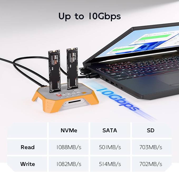 M.2 NVMe & M.2 SATA SSD Docking Station, Tool-Free M.2 Duplicator Cloner with SD Card Reader, Offline Cloning, Plug and Play